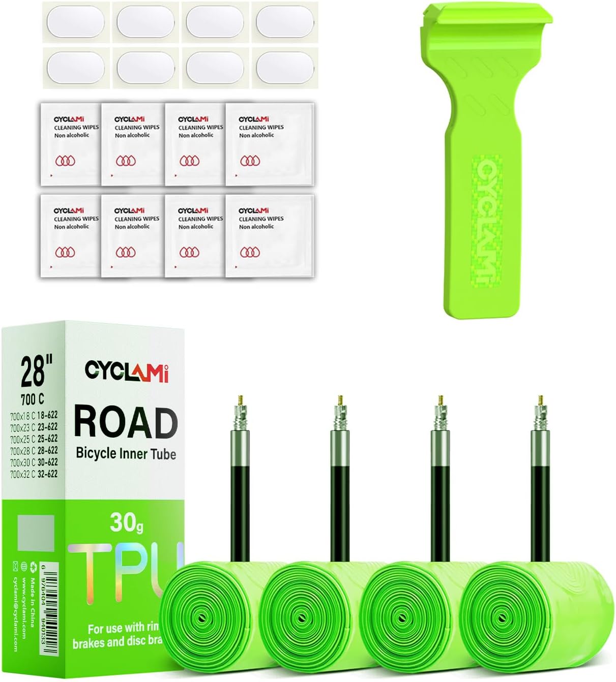 - 1/4-Pack CYCLAMI TPU Inner Tubes 700 x 18-32c 700c Inner Tubes Ultralight 30g Bike Tube with 45mm/65mm/85mm Presta Valve for Road Bike Tubes(Include Bike Tube Patch Repair Kit)