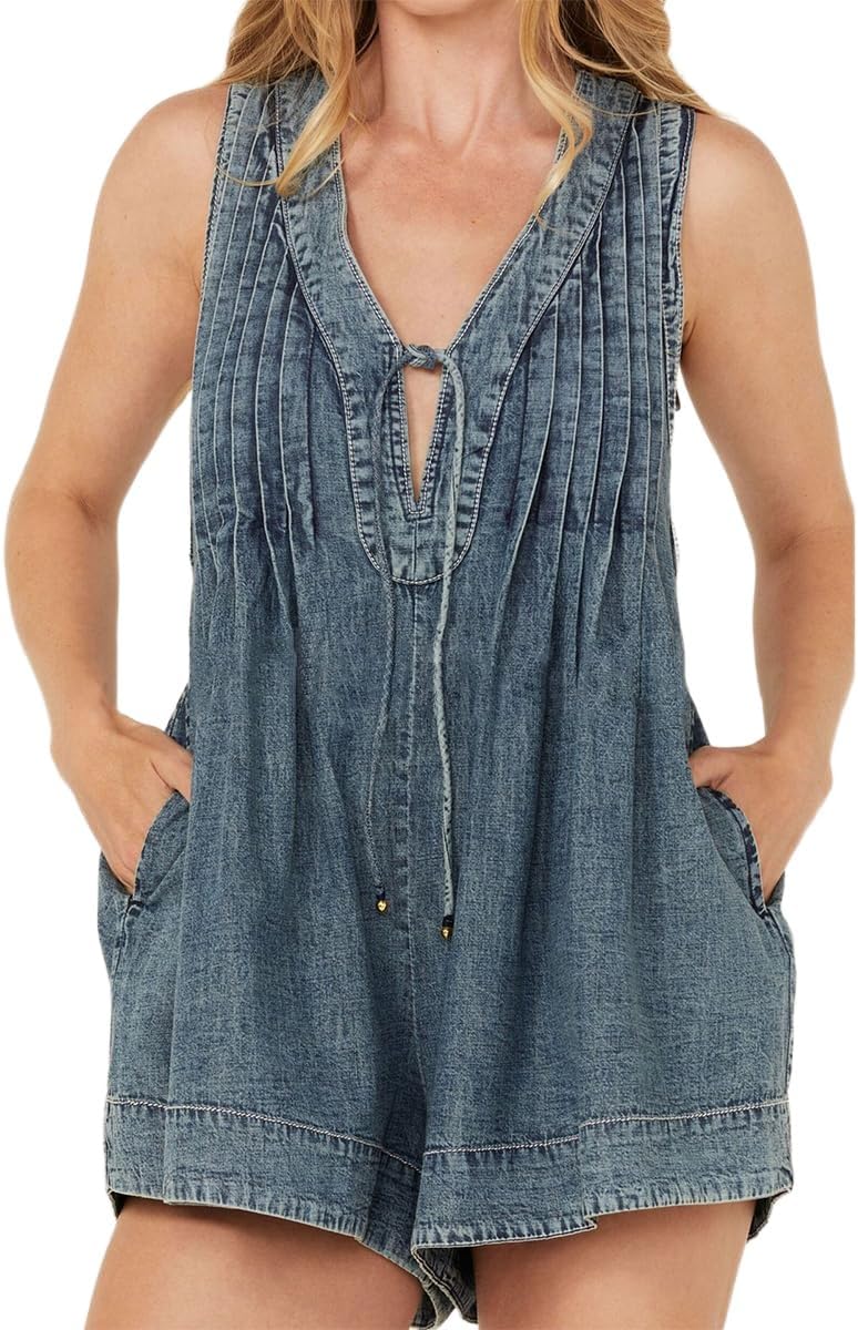 Womens Sleeveless Denim Romper Tie Front V Neck Casual Jean Overall Shorts Romper With Pockets