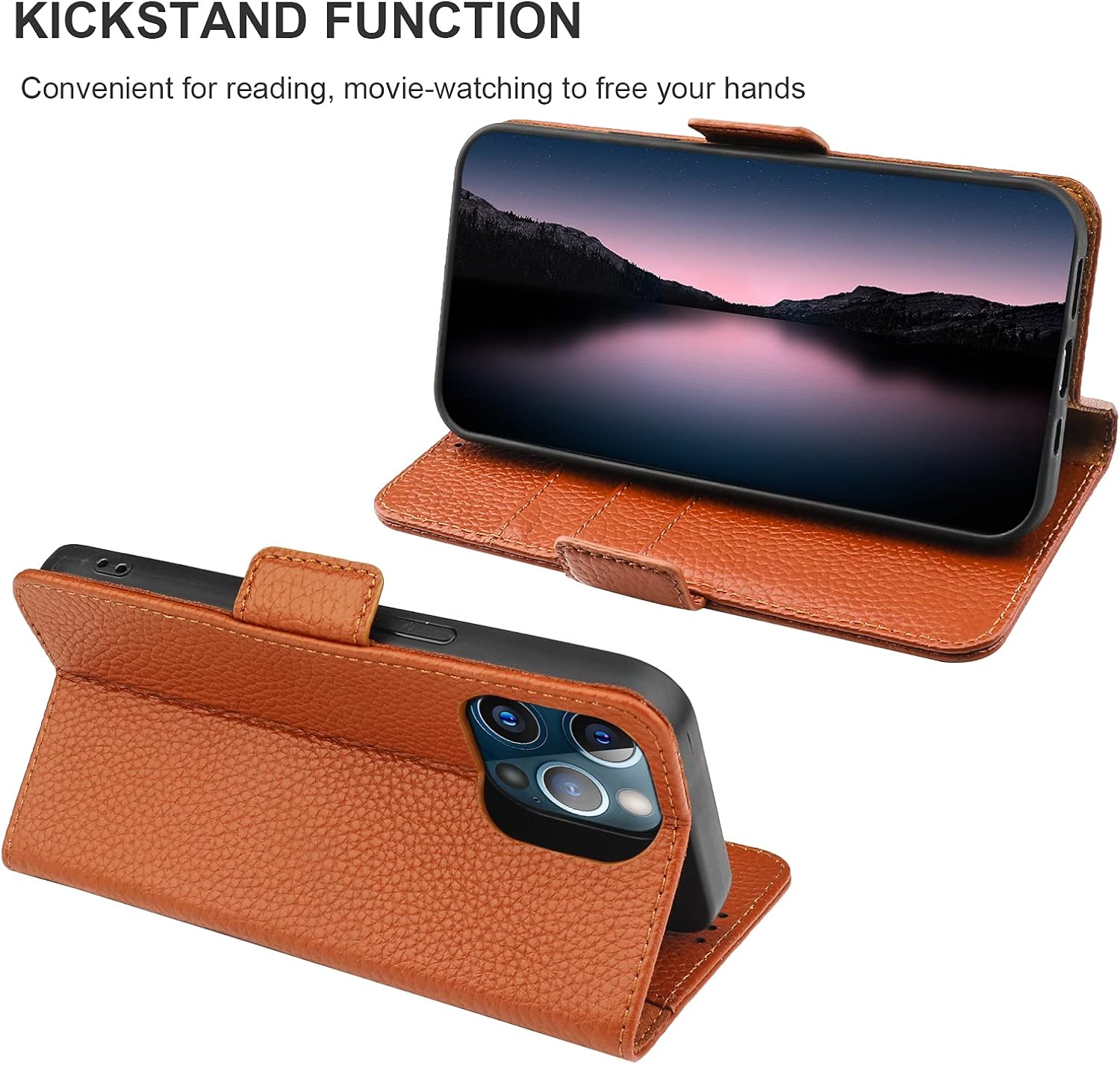 Bocasal Wallet Case for iPhone 13 Pro 5G, Genuine Leather Support Wireless Charging RFID Blocking Flip Case Card Slots Holder, Kickstand Book Folding Folio Cover with Wrist Strap 6.1 Inch(Brown)
