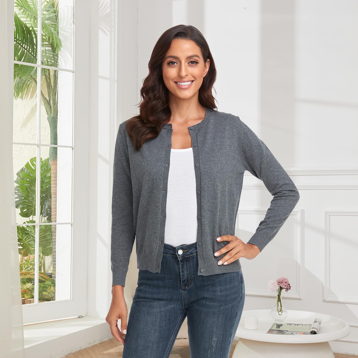 CUNYI Cardigan Donna Maglia con Bottoni Girocollo Classico Manica Lunga Giacca Cappotto Elegante, Grigio Scuro S