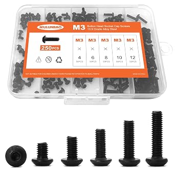 M3 x 4mm 6mm 8mm 10mm 12mm Button Head Socket Cap Screws Bolts, 10.9 Grade Alloy Steel, Black Oxide Finish, Metric Allen Hex Drive, Machine Fully Threaded, Assortment Kit 250PCS