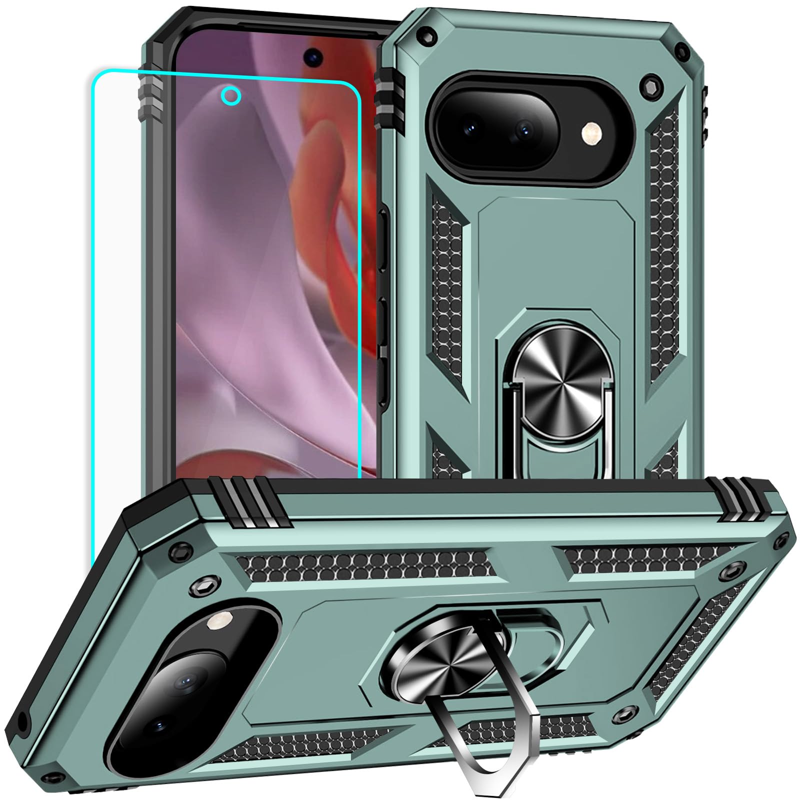 Yiakeng for Google Pixel 9A Case: with Screen Protector - Military Grade Protective Cases with Finger Ring Holder Kickstand for Pixel 9A(Dark Green)