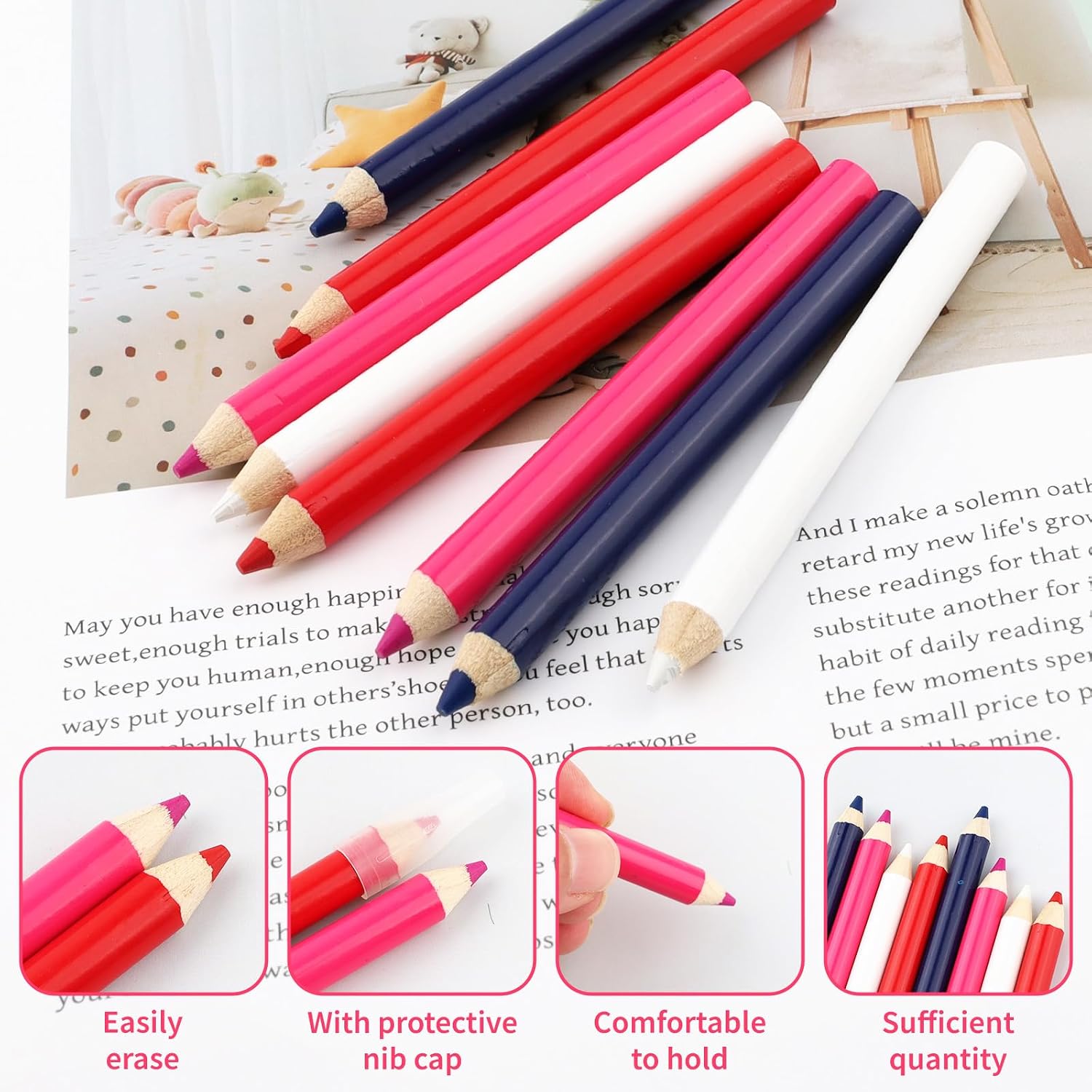 Notoke 8 PCS Sewing Pencils for Fabric - Washable Fabric Marking Pencils in 4 Colors (White, Blue, Pink, Red) with Tip Caps, Ideal for Tailors, Quilting, Dressmaker & DIY Crafts (8.75cm)