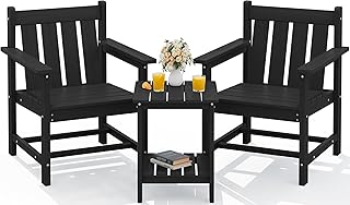 SERWALL 3 Pieces Patio Bistro Set, All Weather Adirondack Chair Set with Side Table, HDPE Material Outdoor Patio Furniture Set for Balcony, Porch, Garden, Backyard- Black
