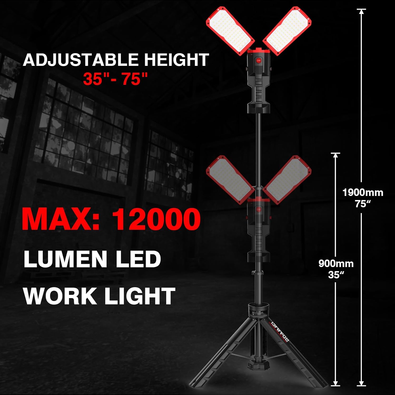 12000 Lumen 100W LED Work Light with Telescoping Tripod, Foldable Portable Corded Job Site Lighting, 288 LED Super Bright 3CCT 3000K/4500K/5000K Dual-Head Work Light with Stand
