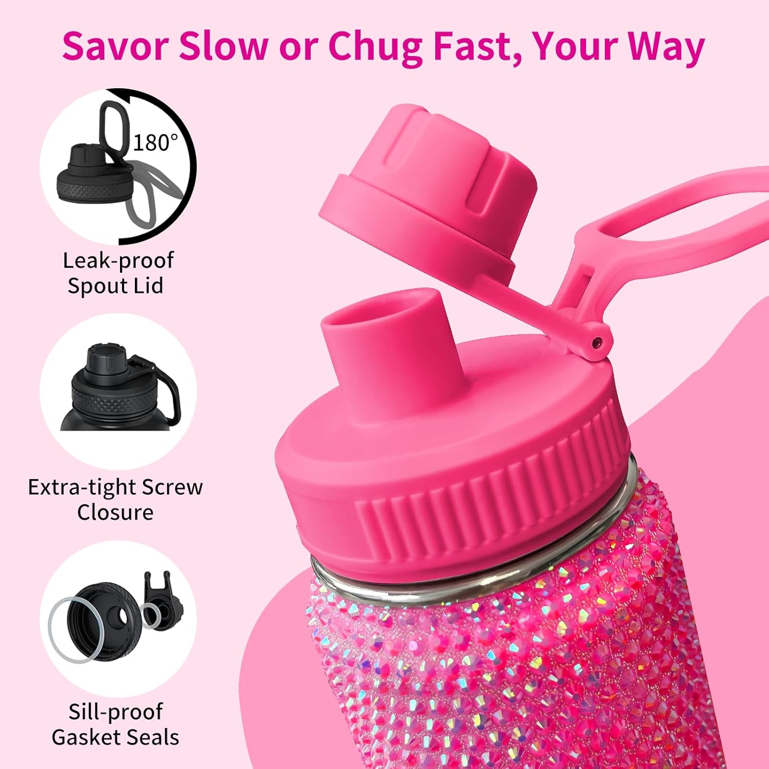 HWISDMIG 26oz Bottle with Handle-Glitter Rhinestones Bottle Bling Cups Stainless Steel Water Bottle Diamond Studded Tumbler for Women-Birthday Gifts for Women, Mom, Wife, Girlfriend (26 oz,Fuchsia)