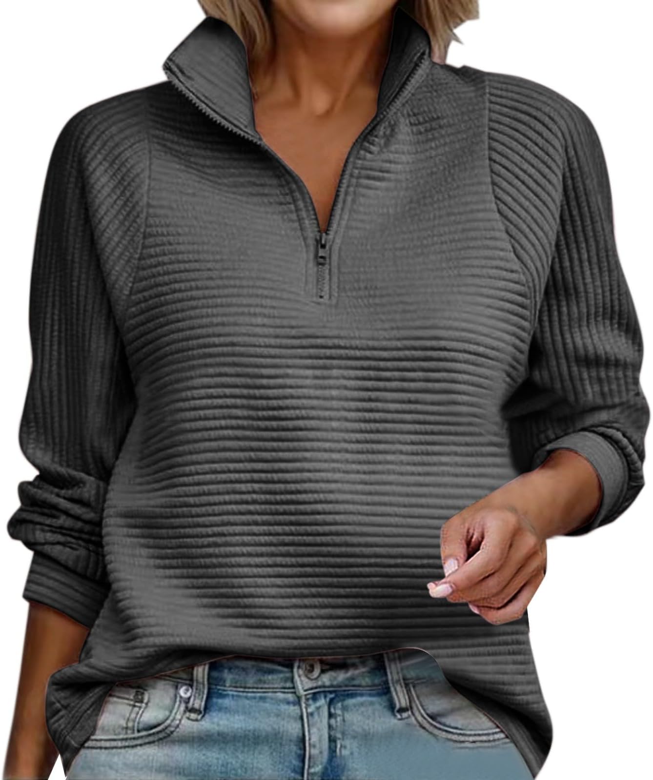Half Zip Striped Tops Women's Fall Winter Warm Solid Color Blocked Loose Crewneck Pullover Hoodless Sweatshirt Cotton Hooded Jacket for Women