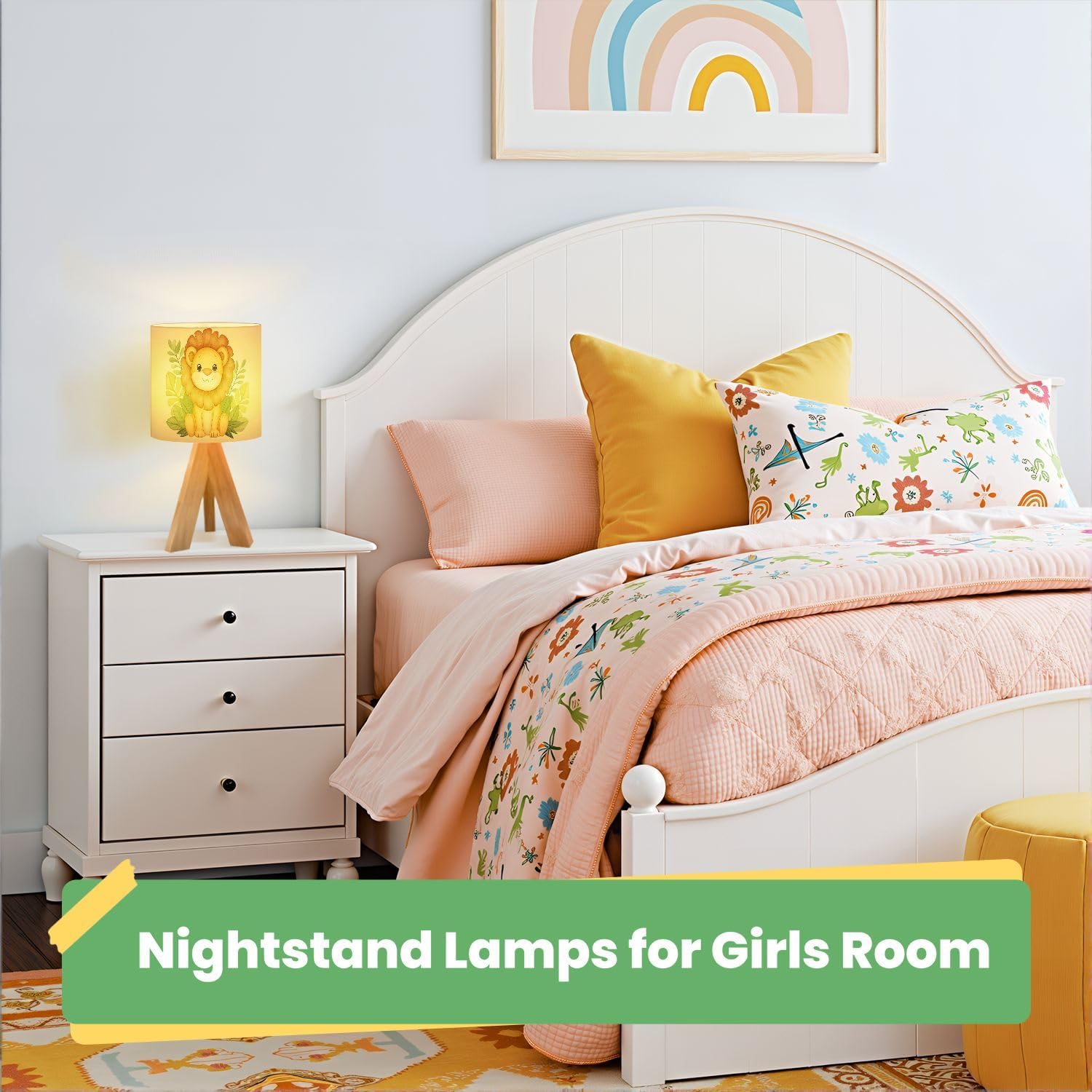 Cute Kids Bedside Desk Table Lamp Cute Animal Jungle Smiling Lion Green Leaves Yellow Cartoonish Children Nightstand Lamp, Tripod Small Night Lights Linen for Nursery Room Bedroom Dorm Decor