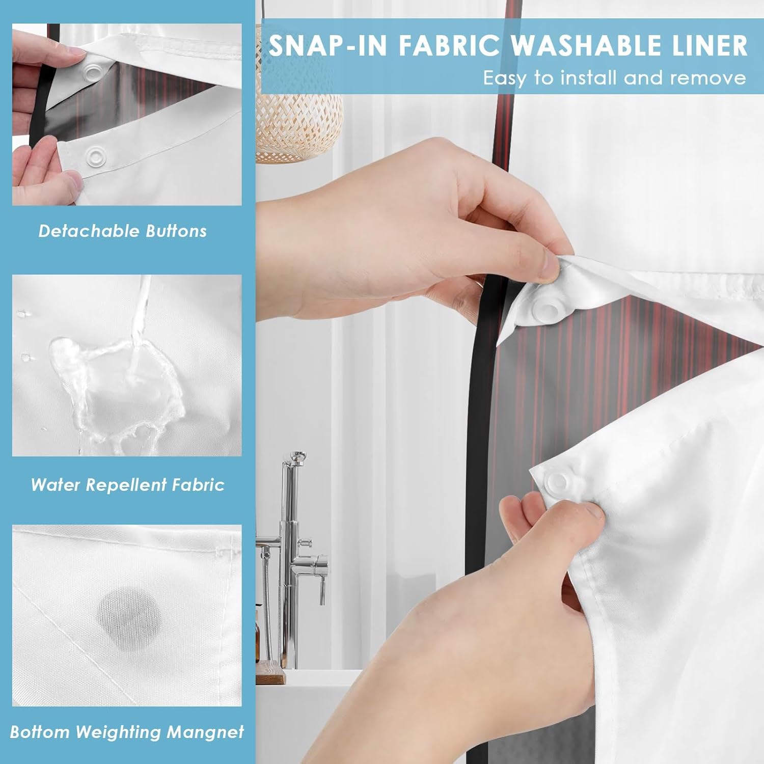 No Hook Red and Black Ombre Shower Curtain with Snap in Fabric Liner Set, Simple Artistic Aesthetic Double Layers Waterproof Fabric with See Through Top Window Open Grommet Curtain 71x74 Inch