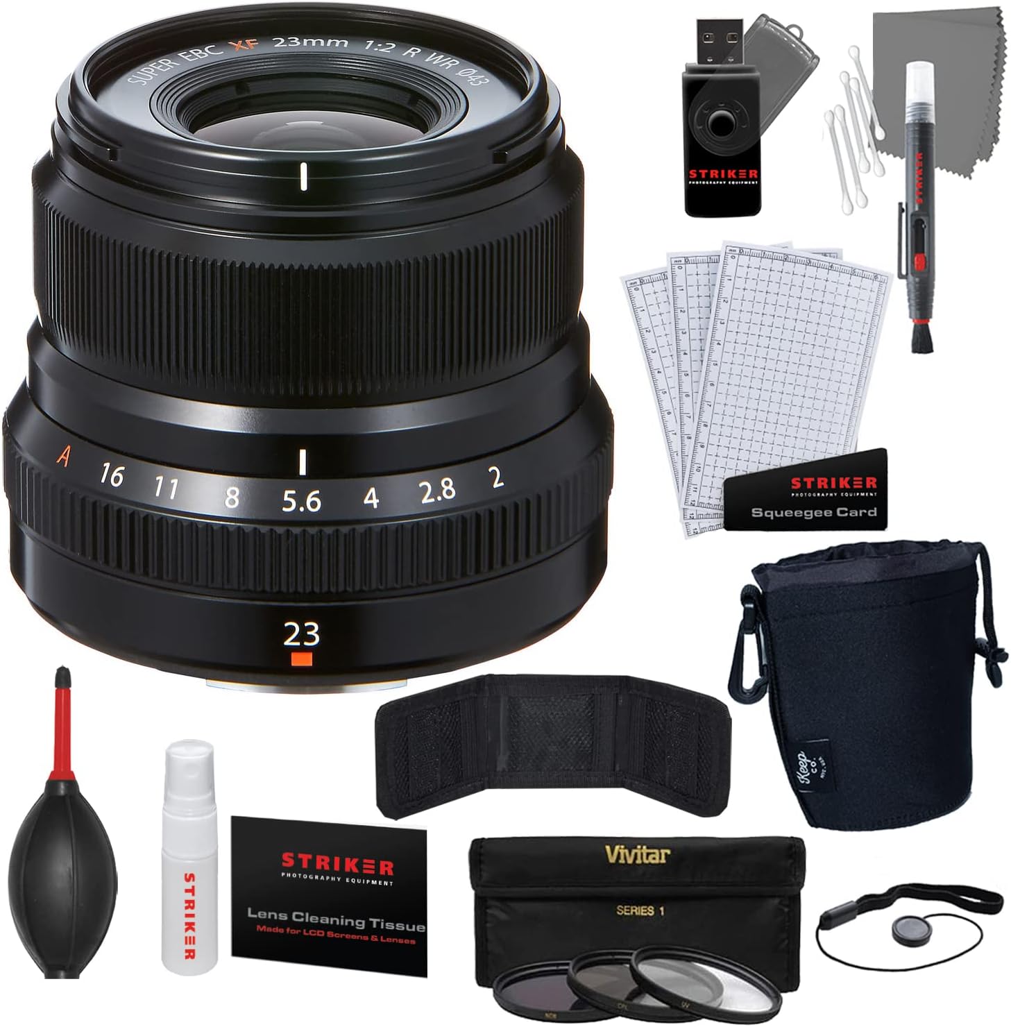 Fujinon XF 23mm F2 R WR Lens – Black + Striker Deluxe Photo Starter Kit (11 Pieces) + 3-Piece Multi-Coated HD Filter Set (43mm UV/CPL/ND8) [62926] + Keep Co. Lens Pouch – Medium