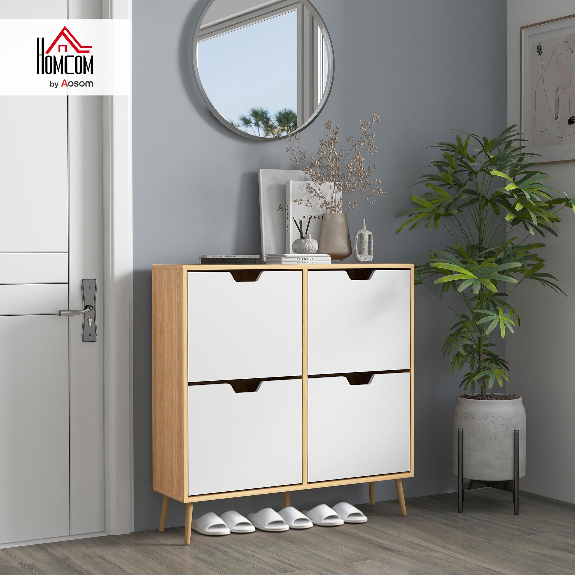 HOMCOM Scarpiera da Ingresso con 4 Cassetti Ribaltabili a 2 Livelli per 16 Paia di Scarpe, Mobile Scarpiera Salvaspazio con Ripiani Regolabile in Truciolato e Legno di Pino, 95x26x95 cm, Color Legno