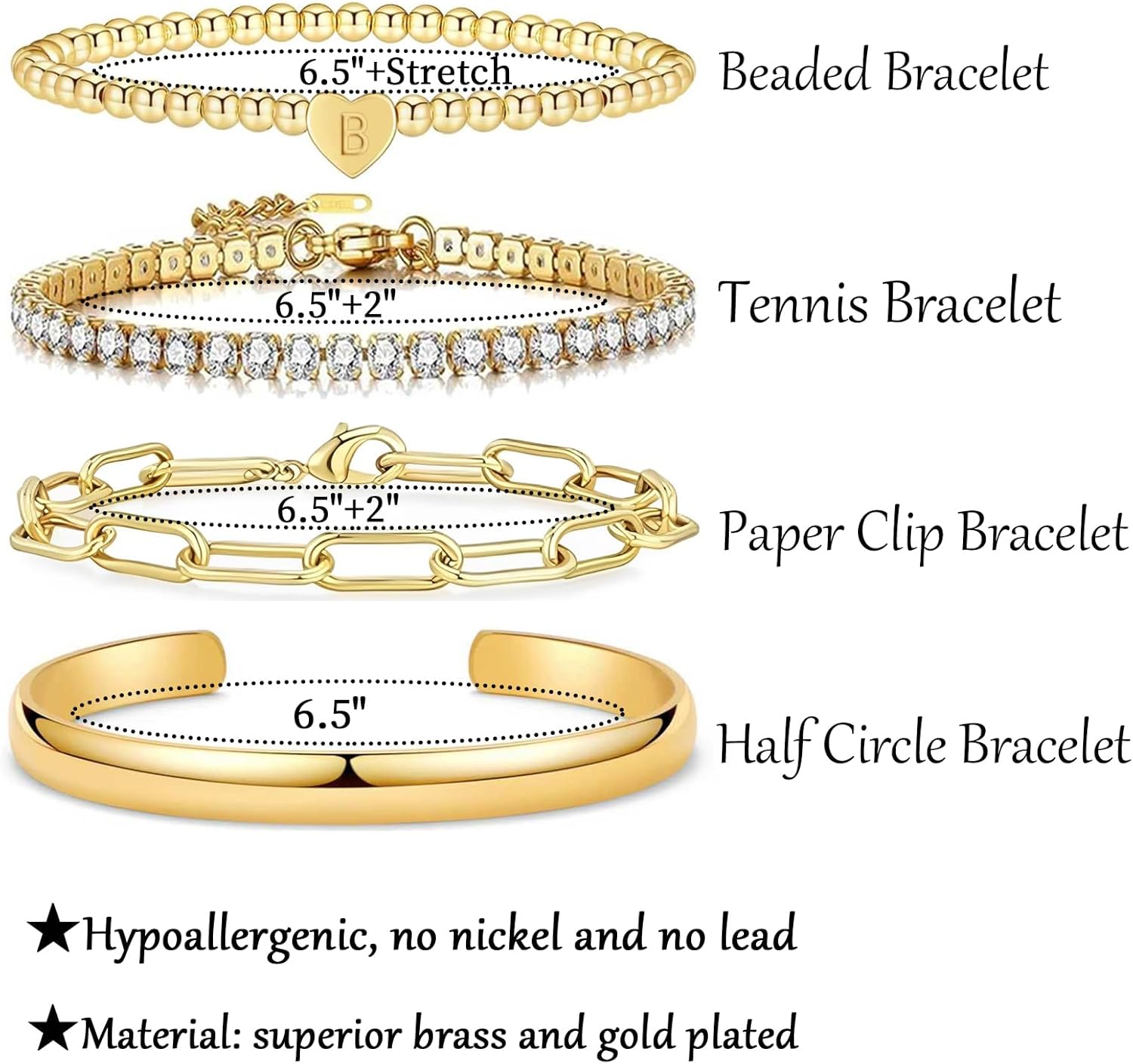 4Pcs Gold Bracelets for Women 14K Gold Plated Bracelet Bangle Stack, Dainty Initial Bracelet Set, Non Tarnish Tennis/Beaded/Paperclip Chain Stackable Bracelets Jewelry Gifts for Women - Image 7