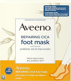 Aveeno Repairing CICA Foot Mask with Prebiotic Oat and Shea Butter, Moisturizing Foot Mask for Extra Dry Skin, 6 Pairs of Single-Use Slippers