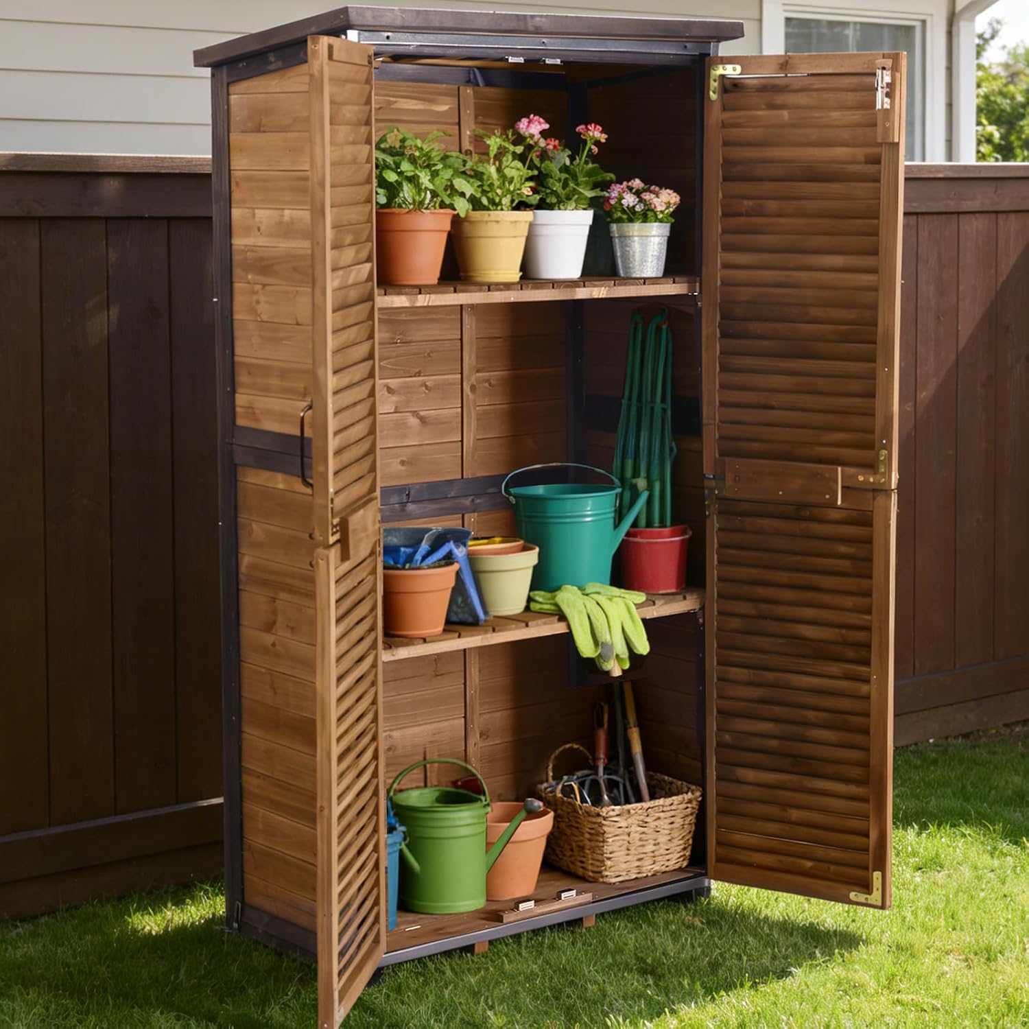 Suumerpety Storage Shed Outdoor with Adjustable Shelves,Metal Frame Outdoor Storage Cabinet with Waterproof,Horizontal Garden Tool Shed Storage for Courtyard Balcony Garage