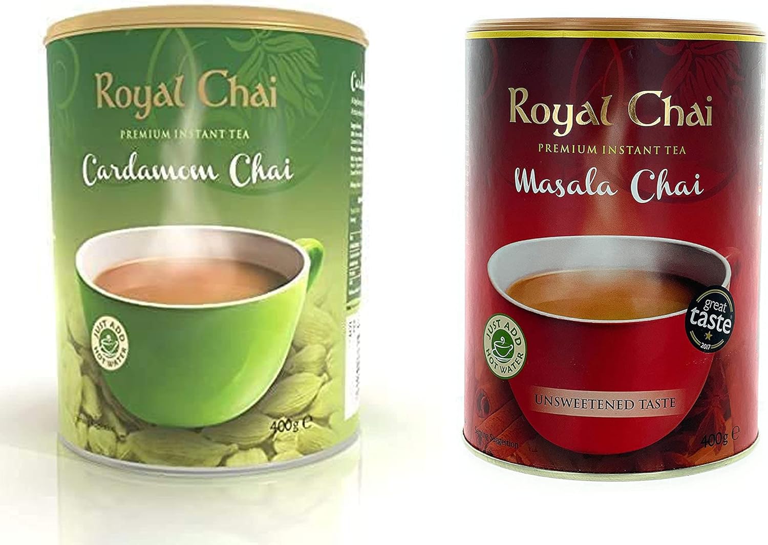 Royal Chai Cardamom Unsweetened 400g and Masala Unsweetened 400g - Premium Instant natural Tea