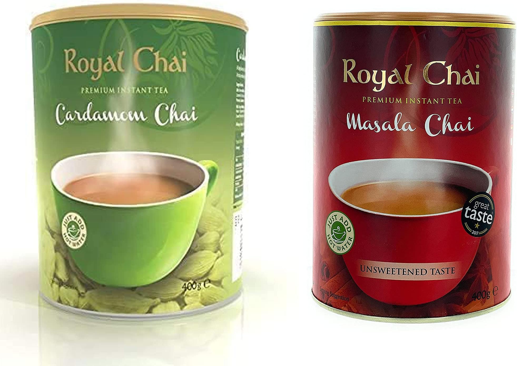 Royal Chai Cardamom Unsweetened 400g and Masala Unsweetened 400g - Premium Instant natural Tea