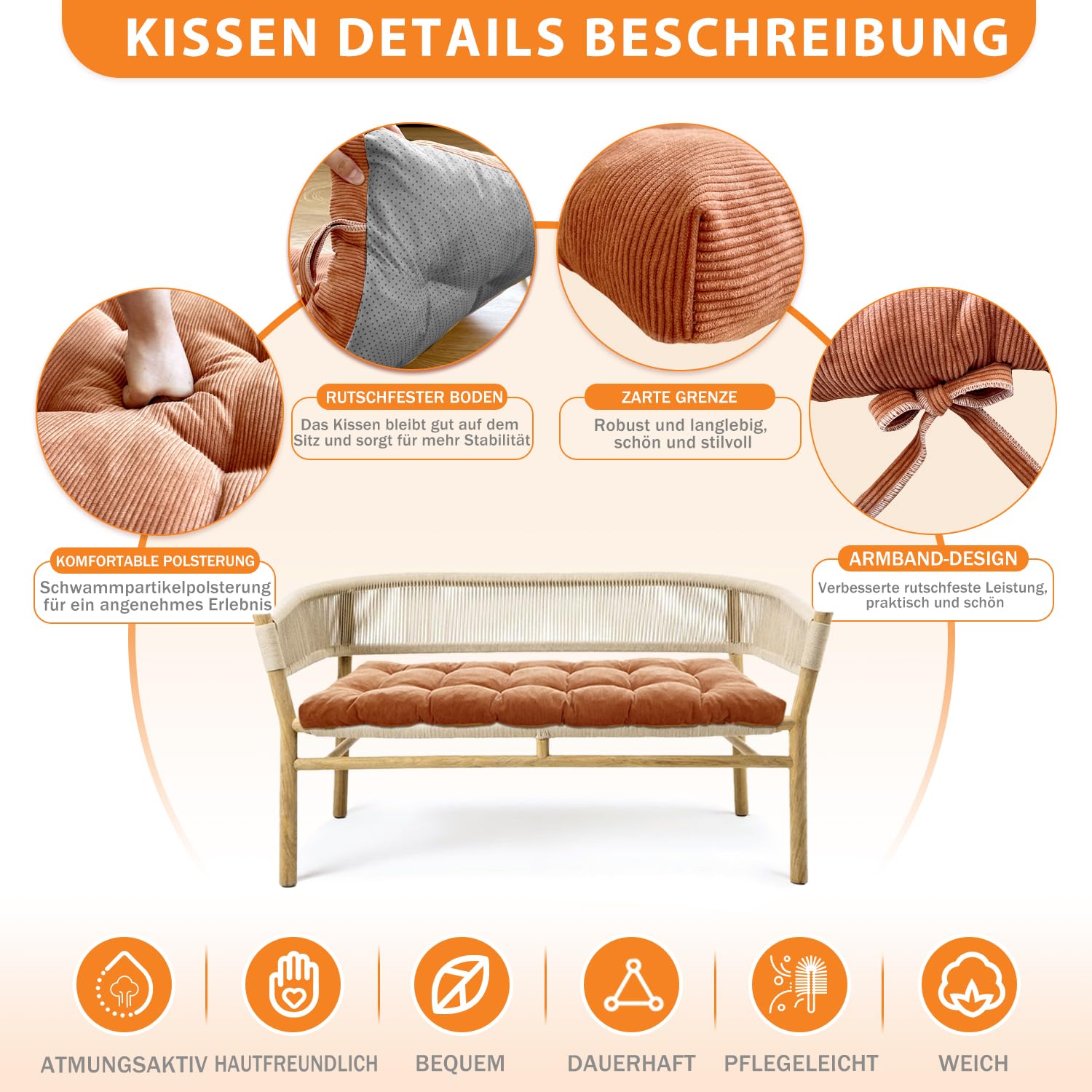 Cuscino Sedile Capitonnè 80x50x6cm - Antiscivolo Per Panche, Sedie, Divani