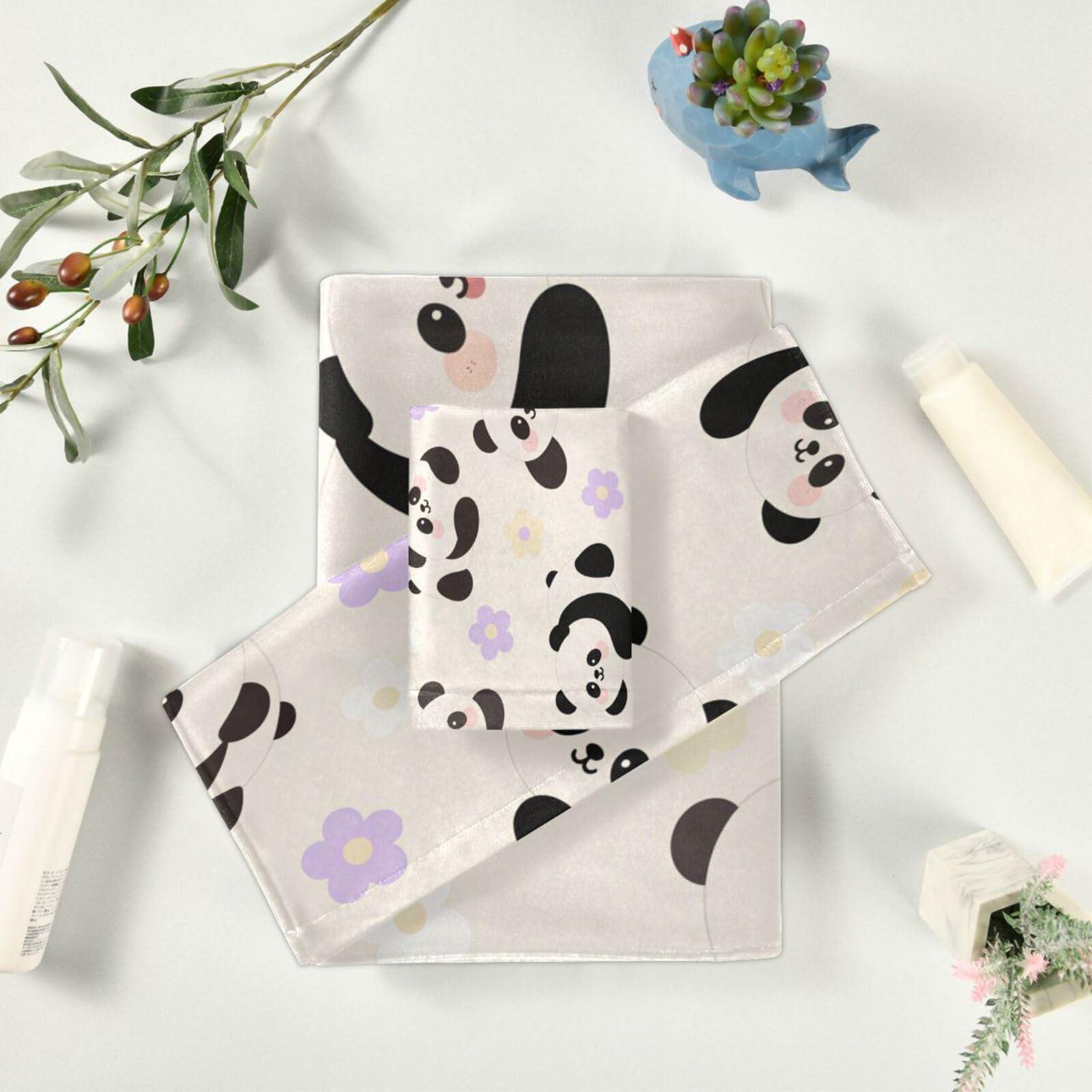 Set di 3 asciugamani per la pulizia del viso a forma di panda bianco con cartoni animati, 1 asciugamano da bagno, 1 asciugamano per le mani, 1 panno per la casa, cucina, hotel, palestra, nuoto, spa