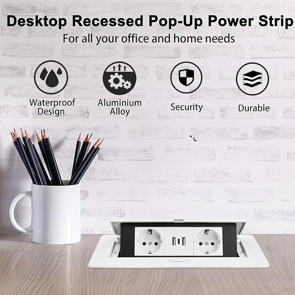 Regletas de Enchufes,Enchufe Multiple Retractible para Escritorio con 2 Enchufes EU,Regletas Enchufes con 2 Puertos USB+Type C para Encimera,Cocina,Taller - 3