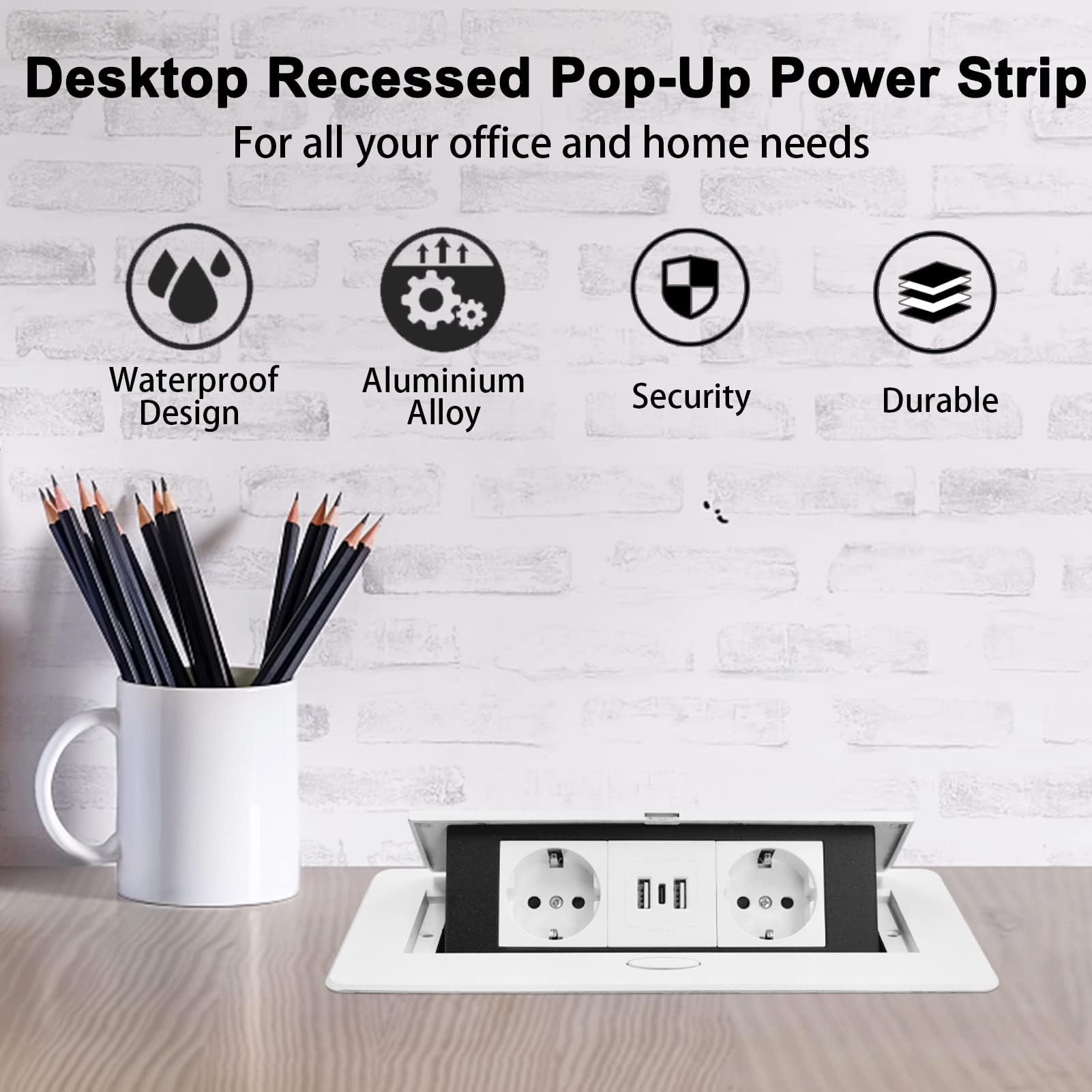 Regletas de Enchufes,Enchufe Multiple Retractible para Escritorio con 2 Enchufes EU,Regletas Enchufes con 2 Puertos USB+Type C para Encimera,Cocina,Taller — view 3