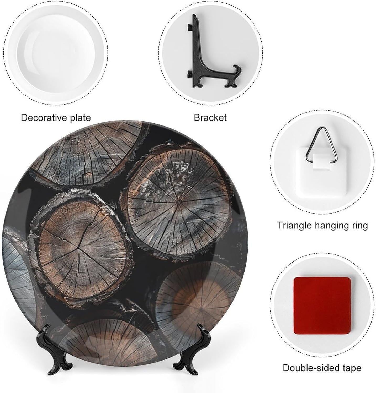 Bone China Decorative Plates Round Cut Wood Ceramic Decorative Plate Wall Decor with Display Stand Ceramic Ornaments for Wall Hanging Decoration