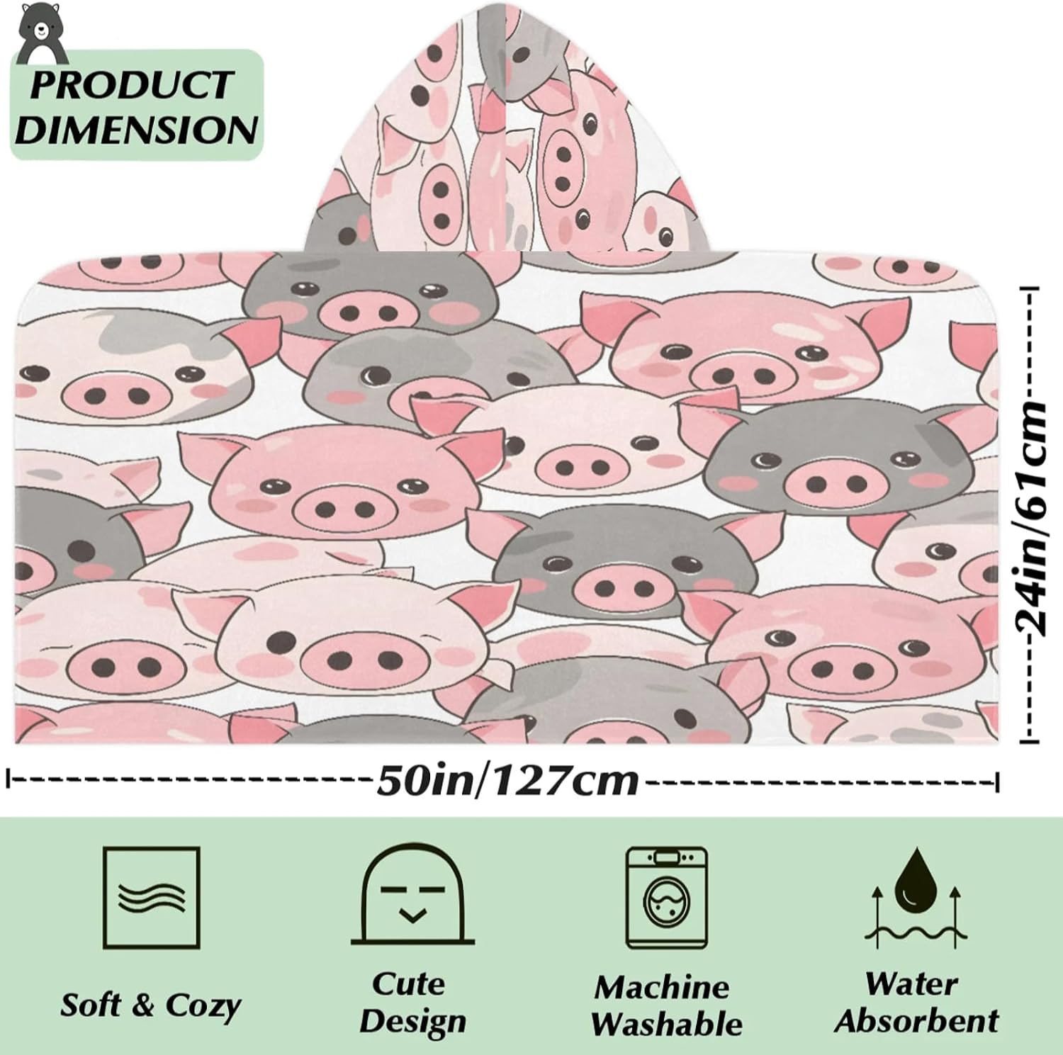 Pig Printed Hooded Towels for Kids Absorbent Soft Pool Swim Beach Bath Towel for Boys Girls, 24 in x 50 in