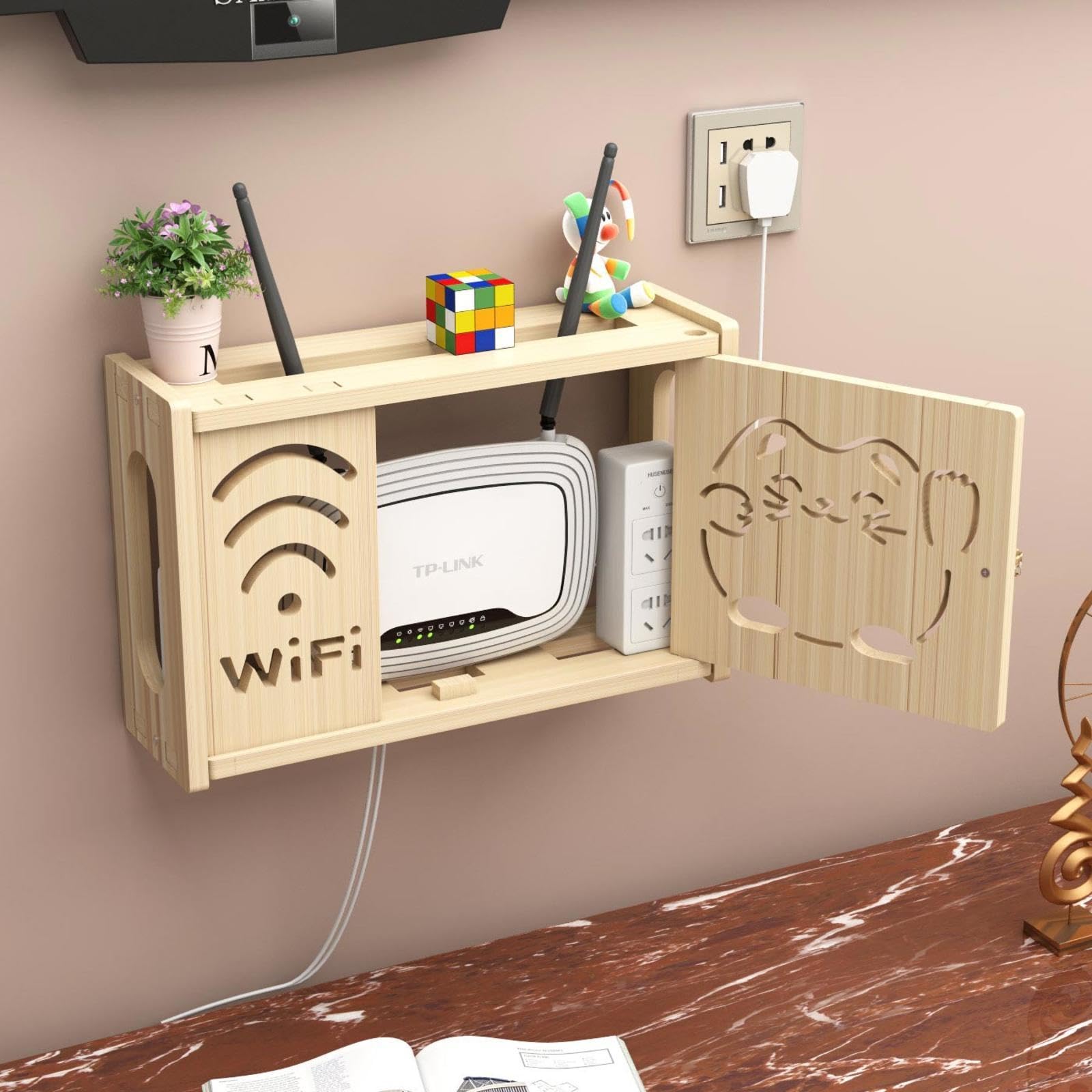 WLAN Box Verstecken,Router Schrank Weiss Router Box Holz Wand Storage Shelf Small Wood Wandmontierte Regale,C-48x24cm