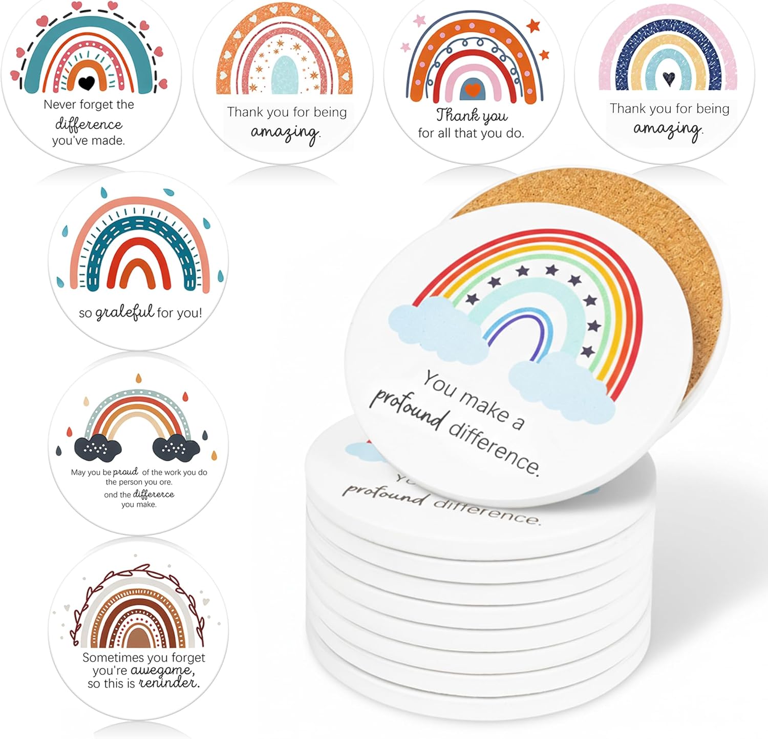 72Pcs Thank You Appreciation Coasters Set with Cards Bags, Cute Ceramic Drink Coasters, Water Absorbent Cup Mat Non-Slip Bottom for Homes, Offices, Events, and Gatherings(8 Styles)