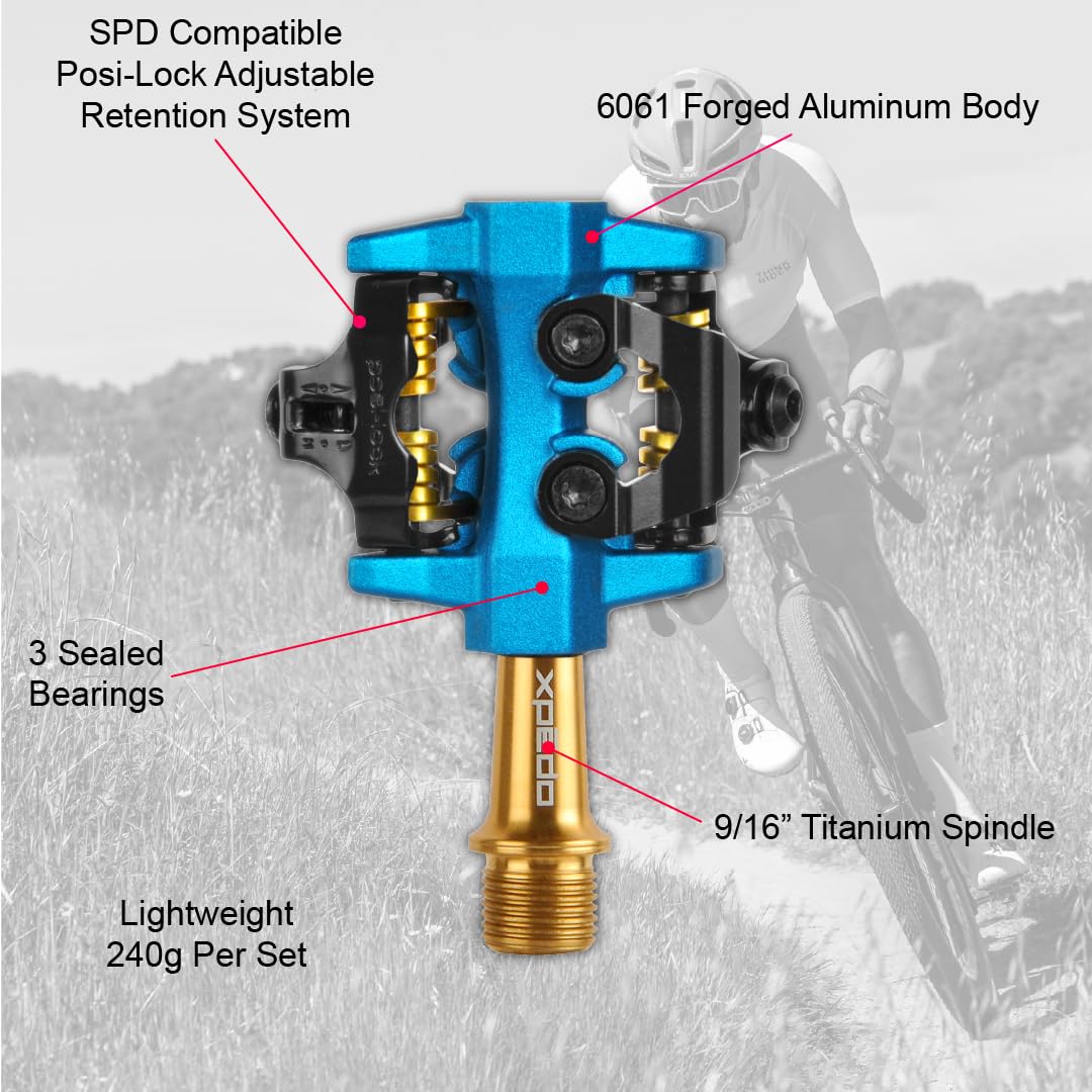 XPEDO CXR Pro Clipless Bike Pedals, Titanium Spindle, SPD Compatible, Blue