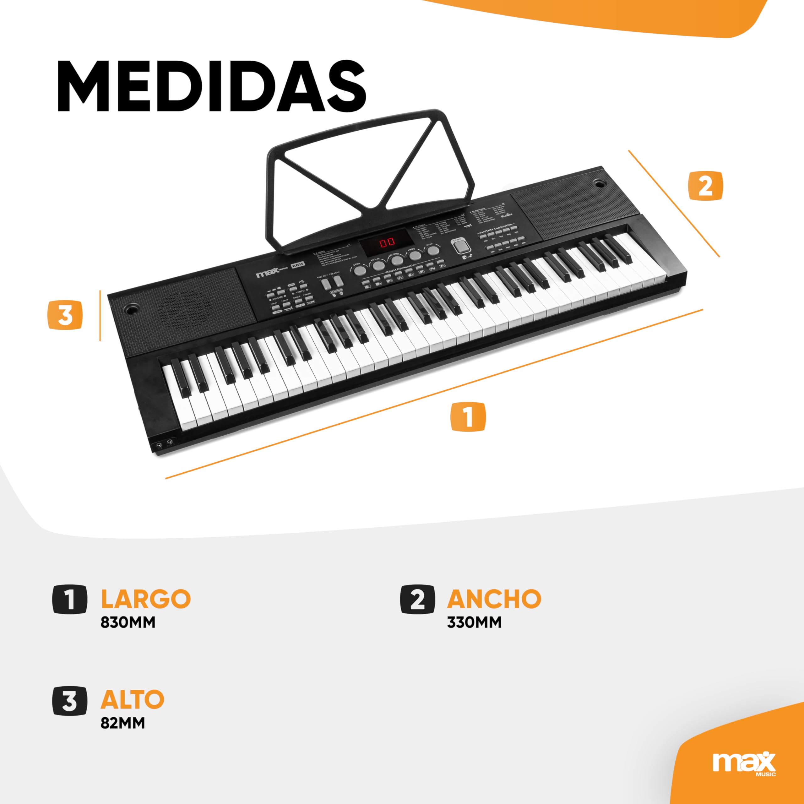 MAX KB15 - Pack de teclado eléctrico de 61 teclas para principiantes que incluye un soporte, auriculares, micrófono, banqueta y batería recargable. Ideal para todas las edades para aprender a tocar.