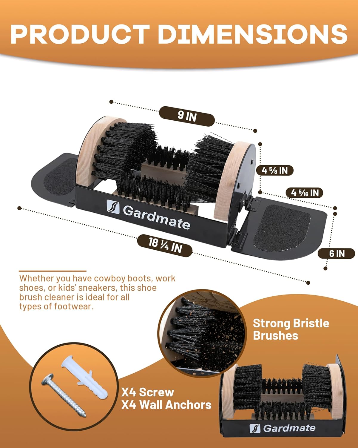 Boot Brush and Scraper Combo - 4-Way Boot Cleaner Brush Outdoor Heavy Duty, Dual Anti-Slip Base with Magnetic Storage - Mud, Snow, Boot Scraper for Home, Farm, Garden - Includes Screws