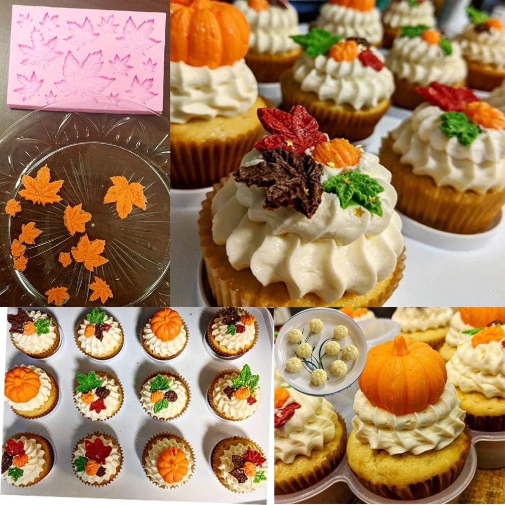 BUSOHA 3 Pcs Pumpkin Silicone Mold, Mini Pumpkin Mold for Fall Harvest Thanksgiving Cupcake Molds, Maple Leaves Fondant Chocolate Candy Molds for Fall Decoration