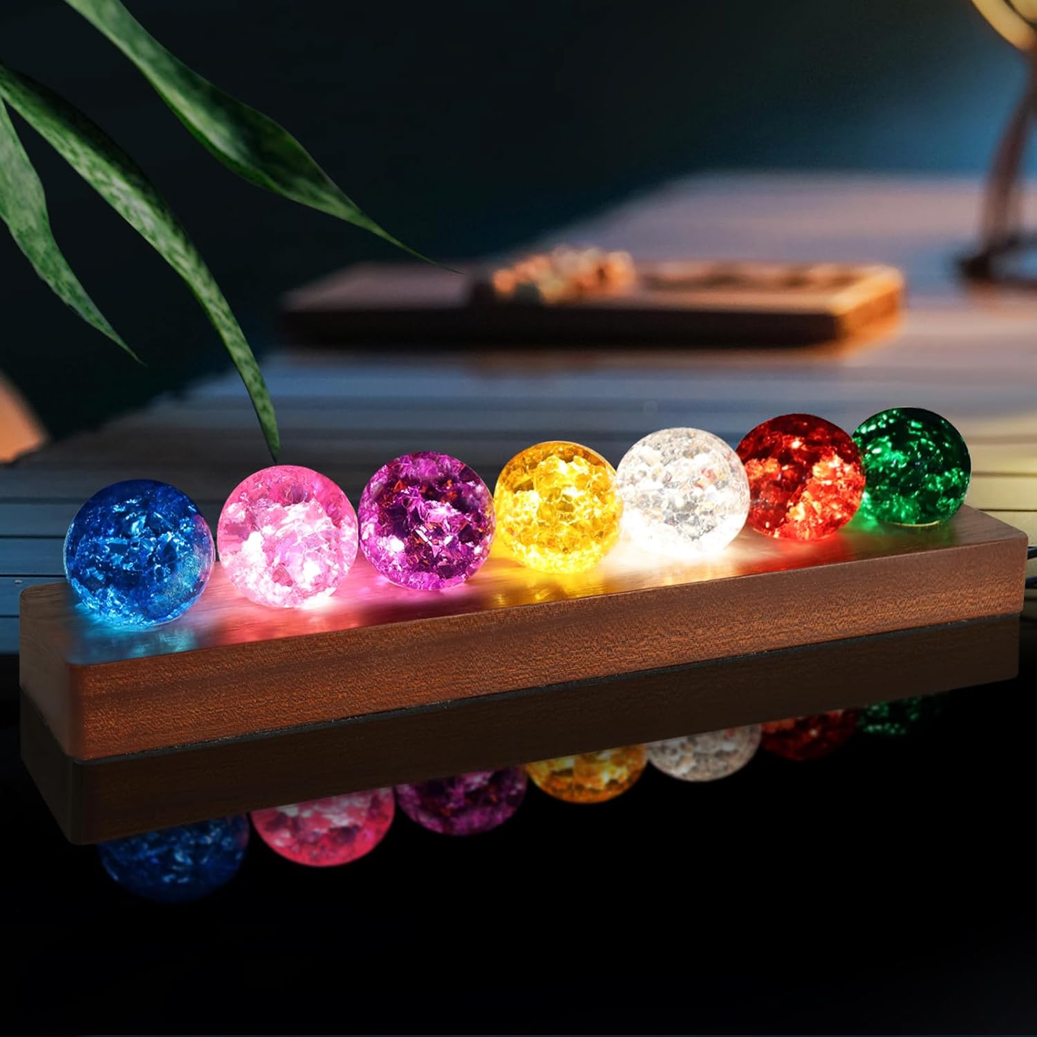 LOSCHEN 7 Colors Ice Cracked Balls, Core Memories Crystal Balls with LED Sapele Wood Base, Natural Healing Spheres Set for Home Living Room Meditation Positive Energy Decoration Balls