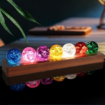LOSCHEN 7 Colors Ice Cracked Balls, Core Memories Crystal Balls with LED Sapele Wood Base, Natural Healing Spheres Set for Home Living Room Meditation Positive Energy Decoration Balls