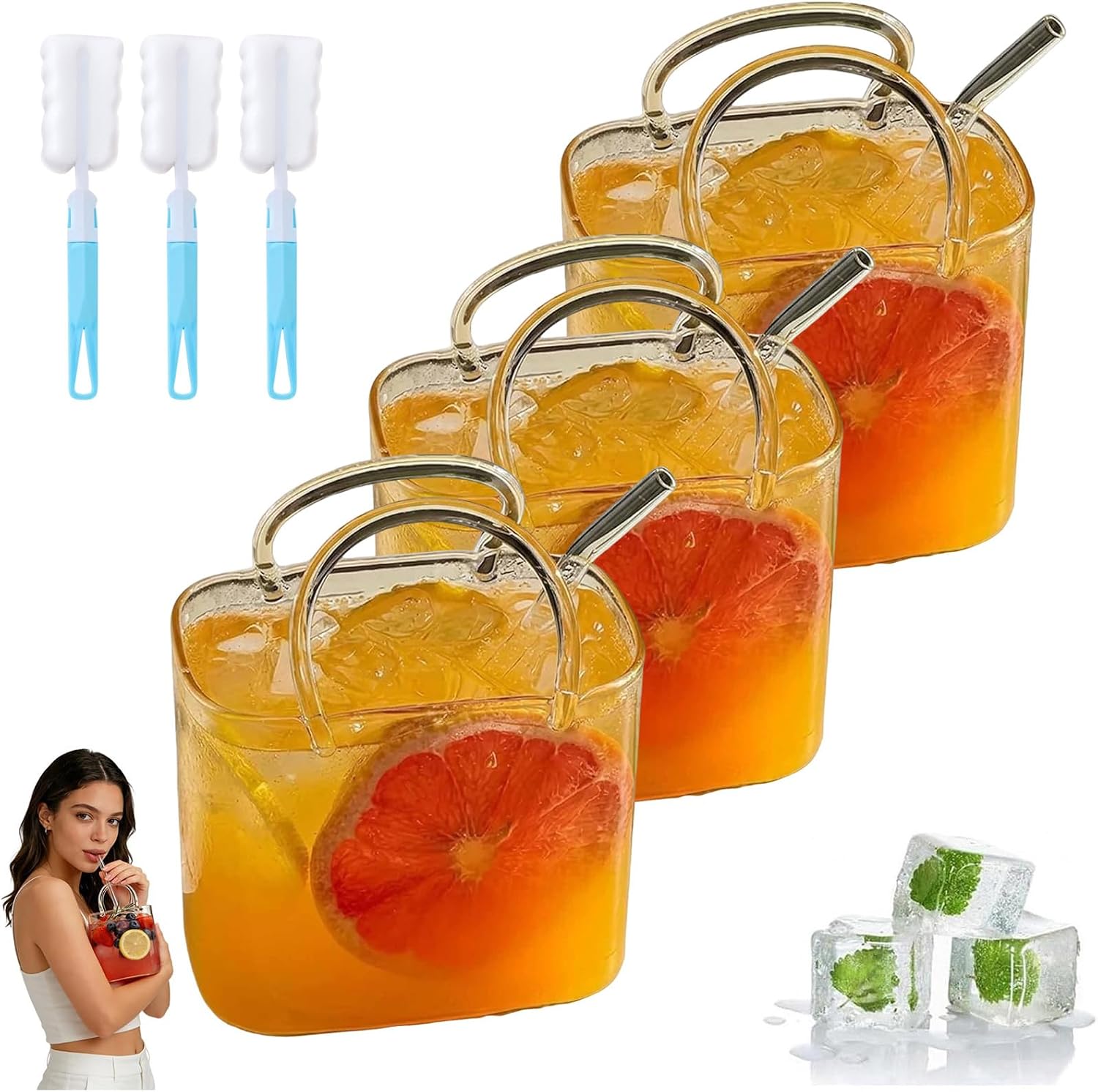 Glass Purse for Drinks (770ml/26oz), Unique Transparent Handbag Wine Glasses with Straw, Cute glass handbag vase for Room Decor, Reusable Glass Cup for Fruit Juice, Tea, Flowers (3 pcs)