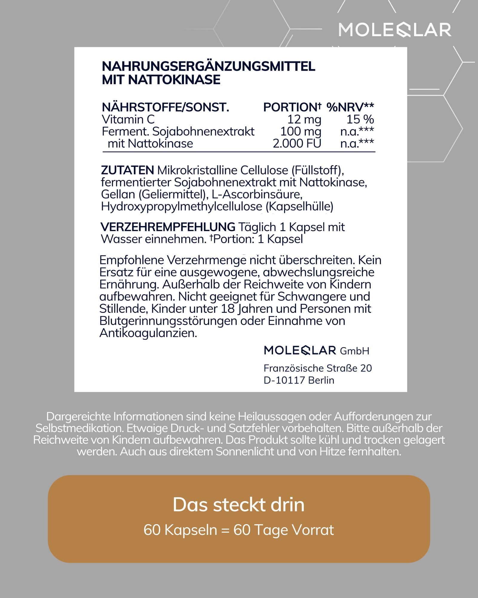 MoleQlar Nattokinase Kapseln 60 Stück - 2000 FU Nattokinase pro Kapsel mit Vitamin C - aus fermentierten Sojabohnenextrakt - 60 Kapseln für 60 Tage Vorrat