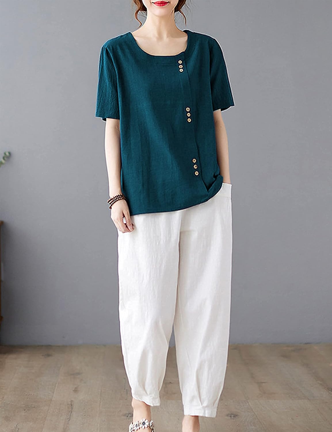 SCUSTY Oversized Crew Neck Linen Tops for Women Short Sleeve Cotton Blend Tee Shirts - Image 5