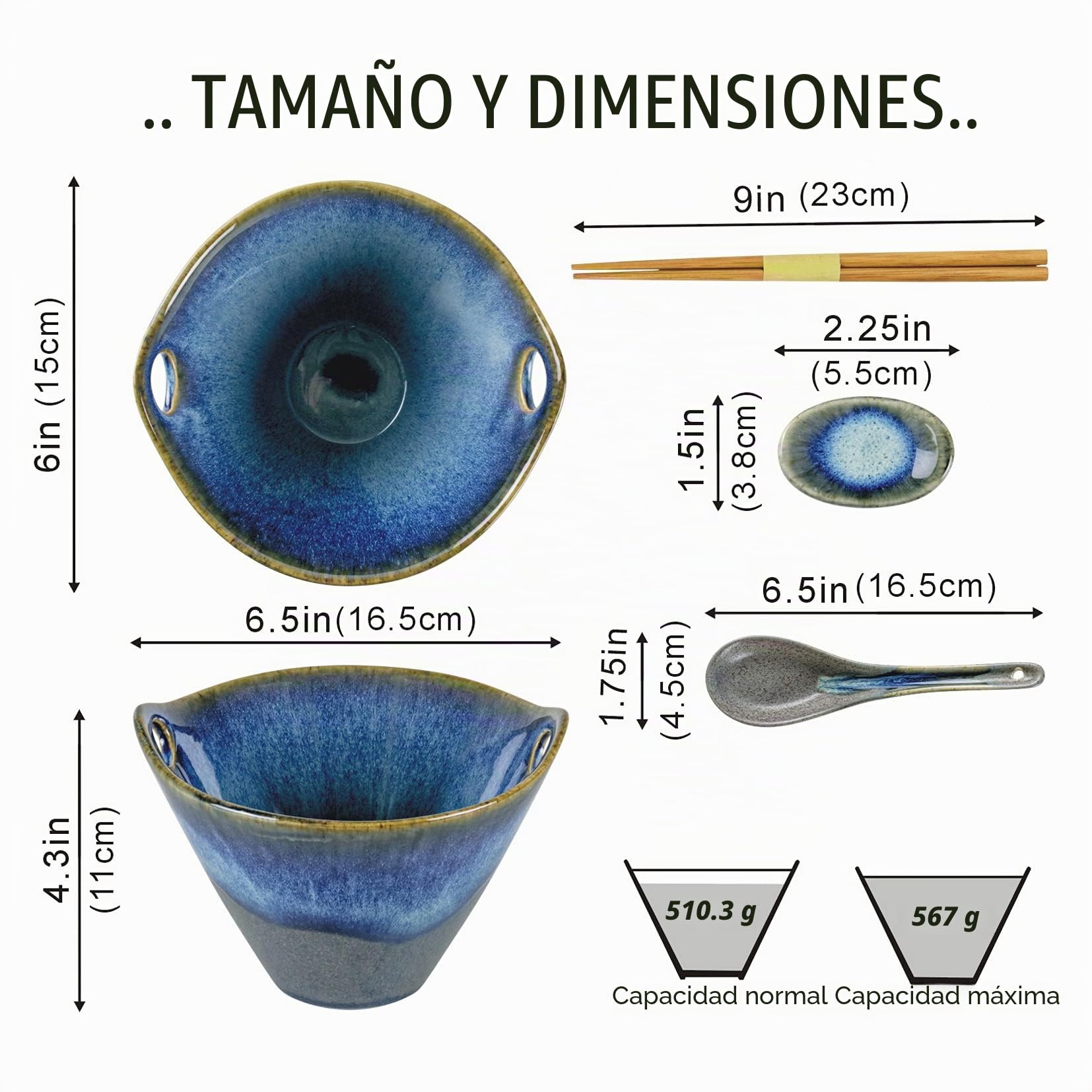 UNICASA Cuencos Ramen, Set 2 Cuencos Cerámica Sopa 600 ml, Tazones de Sopa de Fideos de Ramen Retro Con Palillos y Cucharas, Apto para Microondas, Ensalada de Frutas - Azul Gris