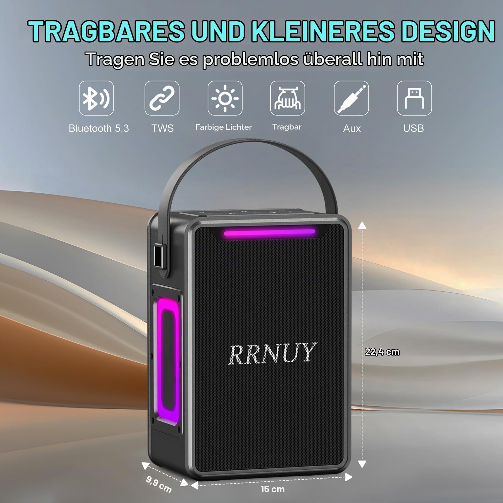 Tragbarer Bluetooth Lautsprecher 60W, IPX6 wasserdichter kabelloser Speaker mit kräftigem Bass, TWS Kopplung, DSP Stereo Sound, LED Licht – für Zuhause, Party, Camping, Strand (Schwarz, Schwarz)