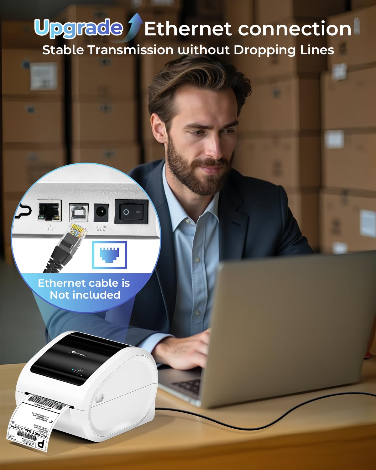 Phomemo Ethernet Stampante Etichette Spedizione, Stampante Termica Etichette da 300dpi per imprese, Supporta Ethernet, Bluetooth e USB, Compatibile con Amazon, Vinted, BRT, UPS, Bianco
