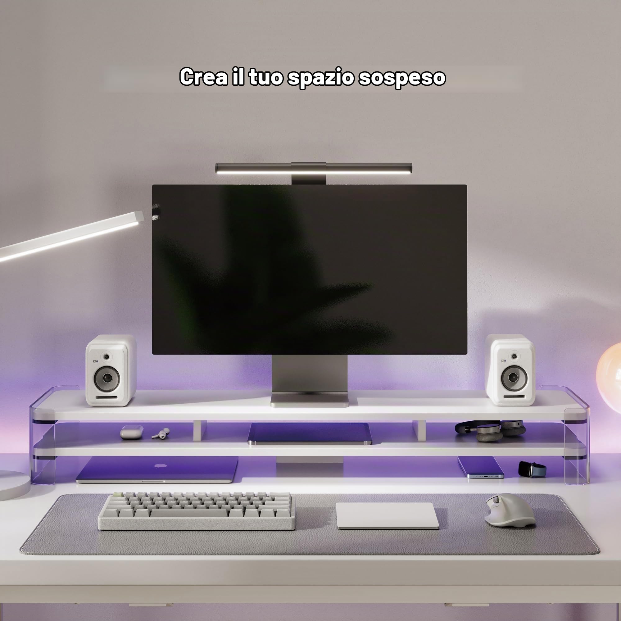Fenge Supporto per Monitor Grandi in Acrilico, Supporto per Doppio Monitor con Ampio Spazio di Archiviazione, Supporto per Doppio Monitor per PC/Laptop/TV 109,4x23,5x15cm Bianco