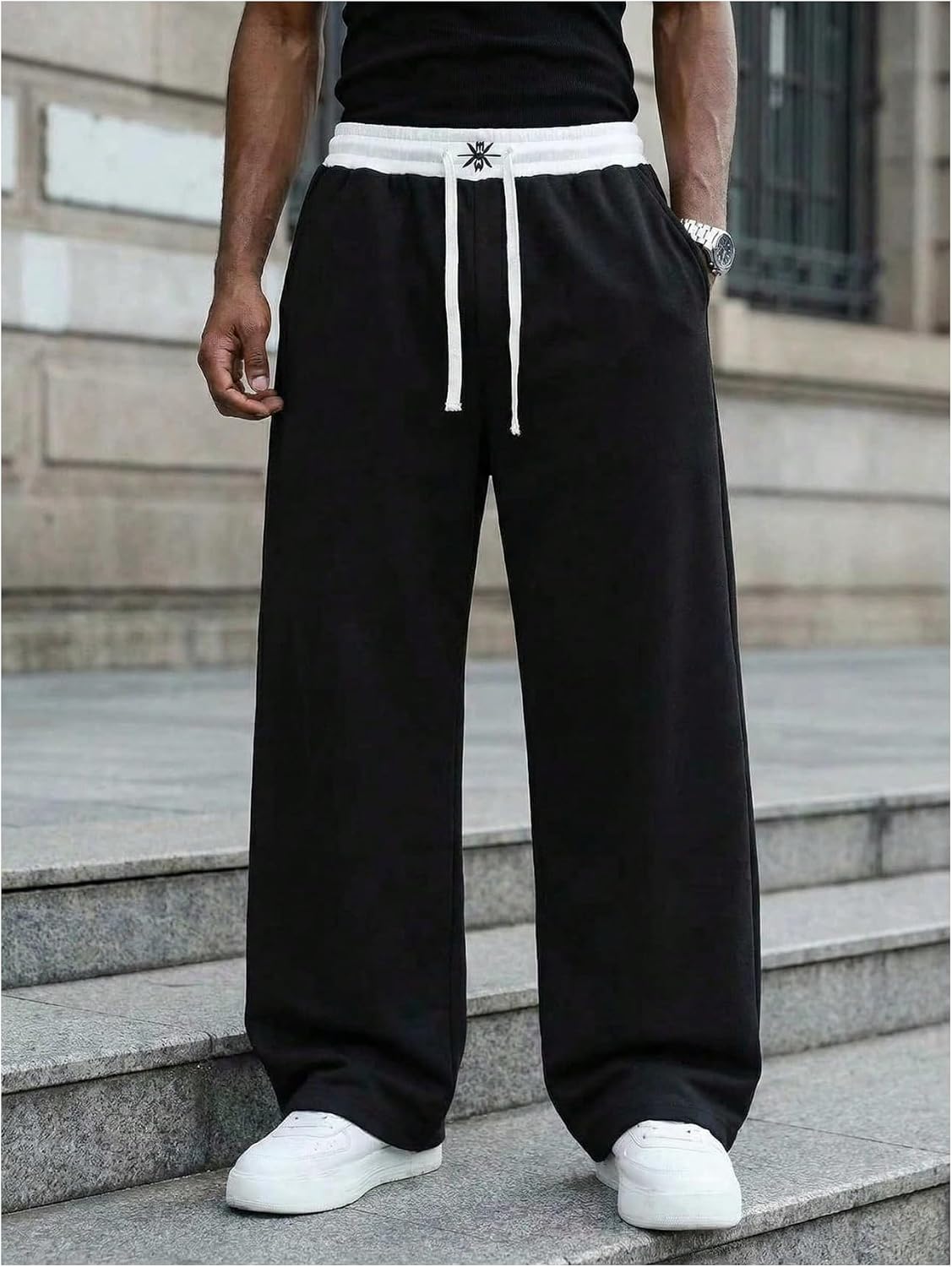 OYOANGLE Men's Graphic Straight Leg Sweatpants Drawstring High Waisted Baggy Jogger Pants with Pockets