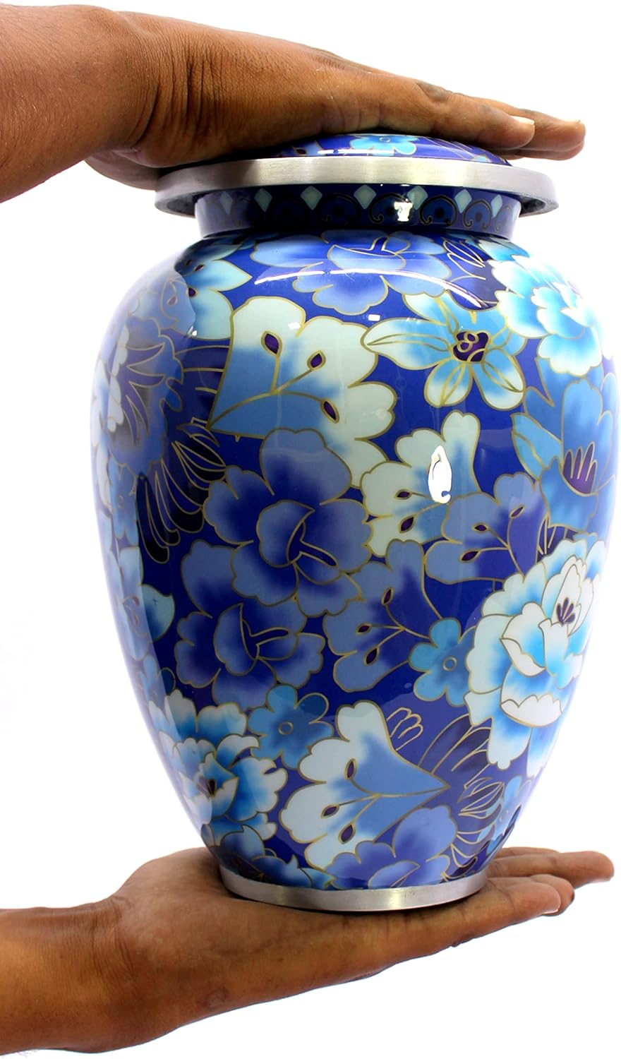 eSplanade Metal Cremation Urn Memorial Jar Pot Container | Full Size Urn for Funeral Ashes Burial | Flowers Printed Urn | Blue - 10" Inches
