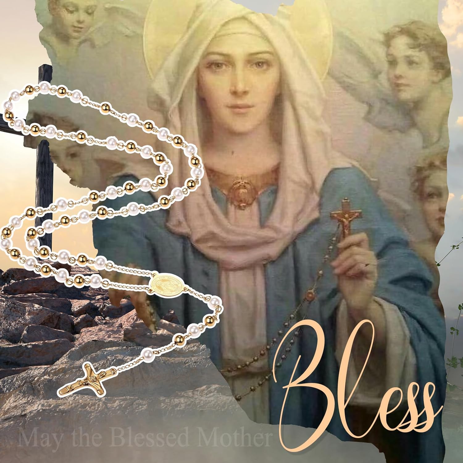 Religious Rosary Beaded Cross Necklace: Christian Beaded Stainless Steel Pearl Virgin Mary Medallion Y Necklace Jewelry Gifts for Women Men - Image 6