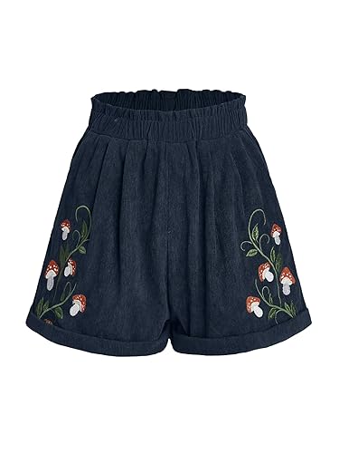 COZYEASE Women's Plants Embroidery Corduroy Shorts Paperbag Waist Elastic Waist Straight Leg Casual Shorts