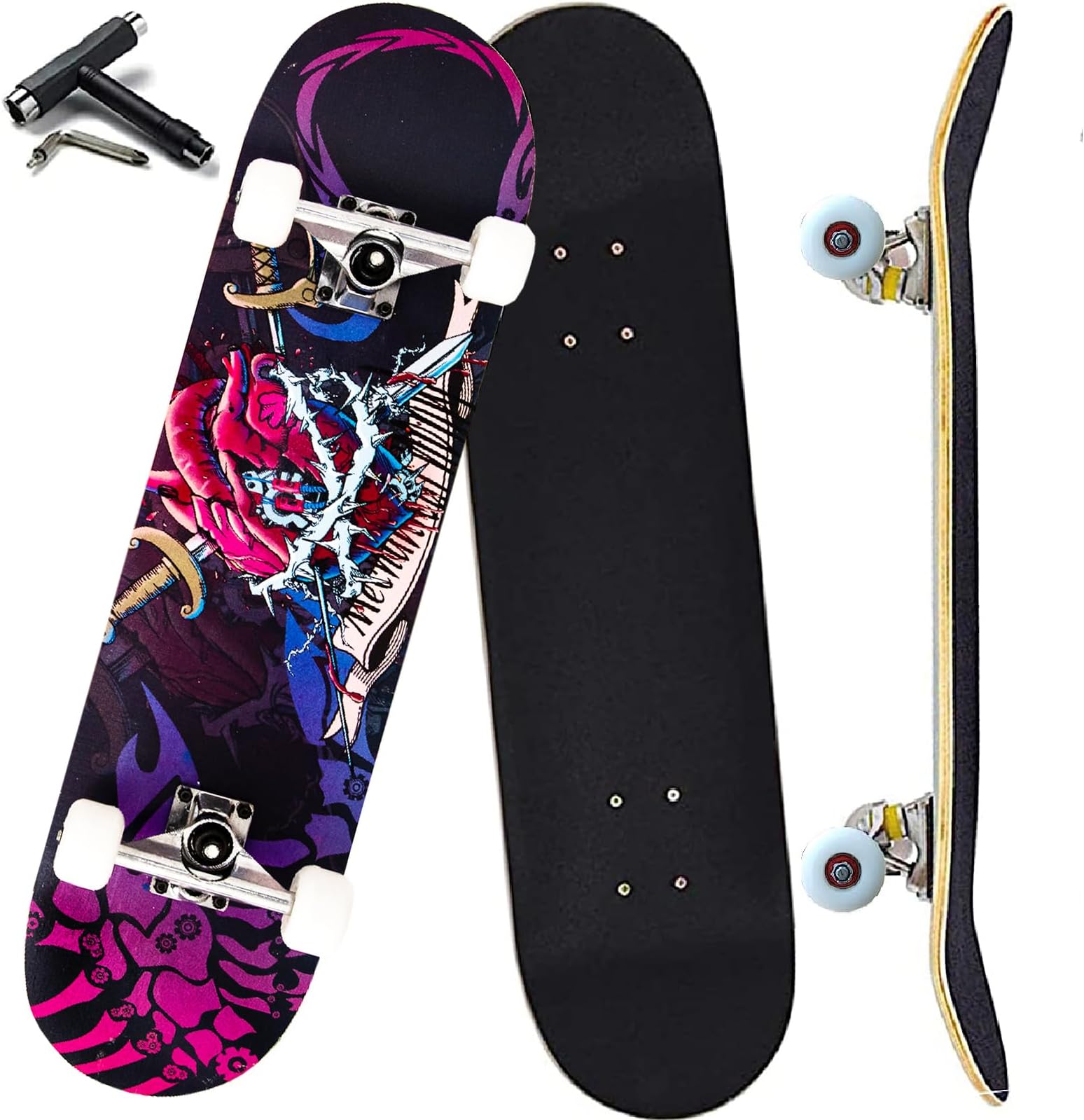 AnyfunPro Complete Skateboards for Beginners Girls Boys Kids Youths Teens Adults 31"x8" Skate Boards 7 Layers Canadian Maple Double Kick Deck Concave Longboard