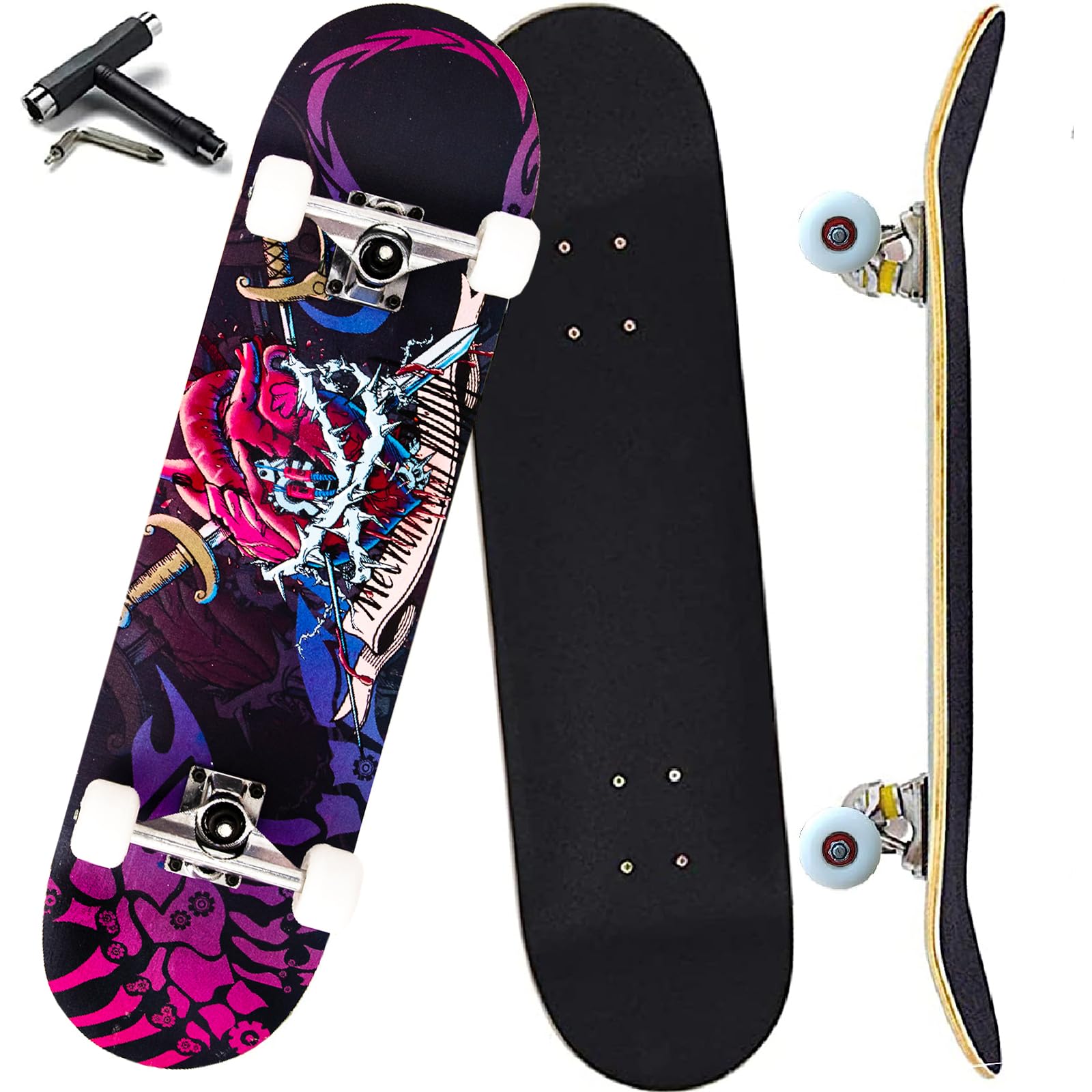 AnyfunPro Complete Skateboards for Beginners Girls Boys Kids Youths Teens Adults 31"x8" Skate Boards 7 Layers Canadian Maple Double Kick Deck Concave Longboard