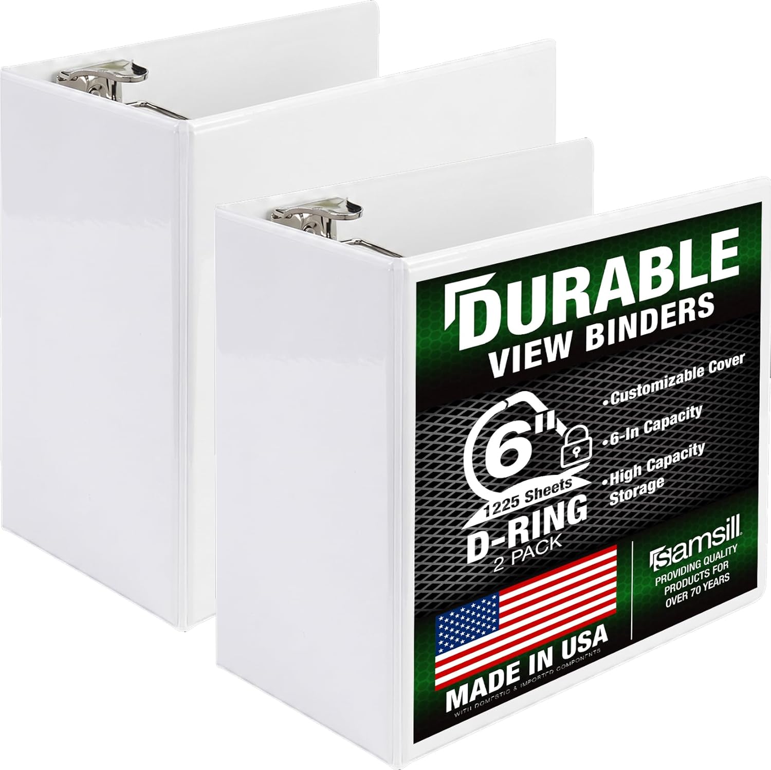 Samsill Durable 6 inch 3 Ring Binder, Locking D Ring Binder, Customizable Clear View Cover, White, 2-Pack, Holds 1225 Pages