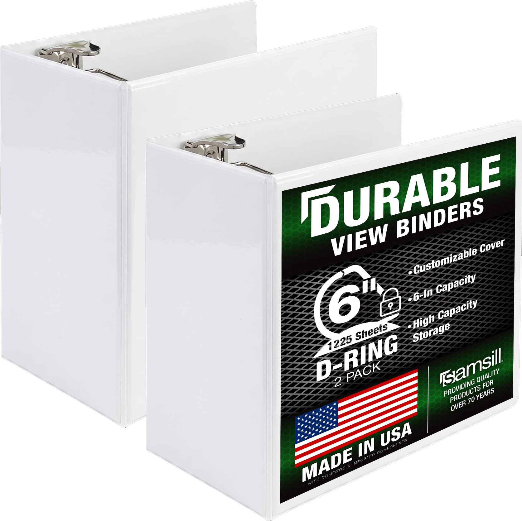 Samsill Durable 6 Inch Binder White D Ring Binder/Customizable Clear View Binder/Bulk Binder 2 Pack/White 3 Ring Binder 6 inch Binders