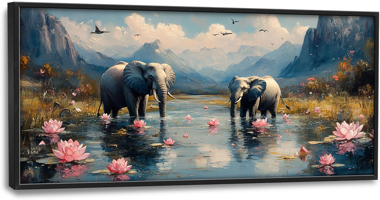 Elephant Lotus Large Wall Art Lake Mountain Pictures Wall Decor Animal Canvas Landscape Painting Modern Artwork Home Decoration for Living Room Bathroom Bedroom Office Framed 60"x30"